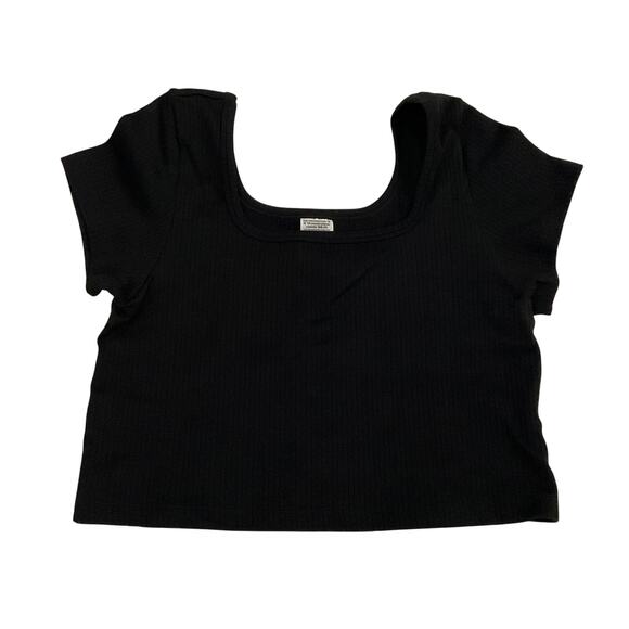 PINK Victoria’s Secret Black Ribbed Cropped Athleisure Fitted Tee - Size Large - Picture 1 of 9